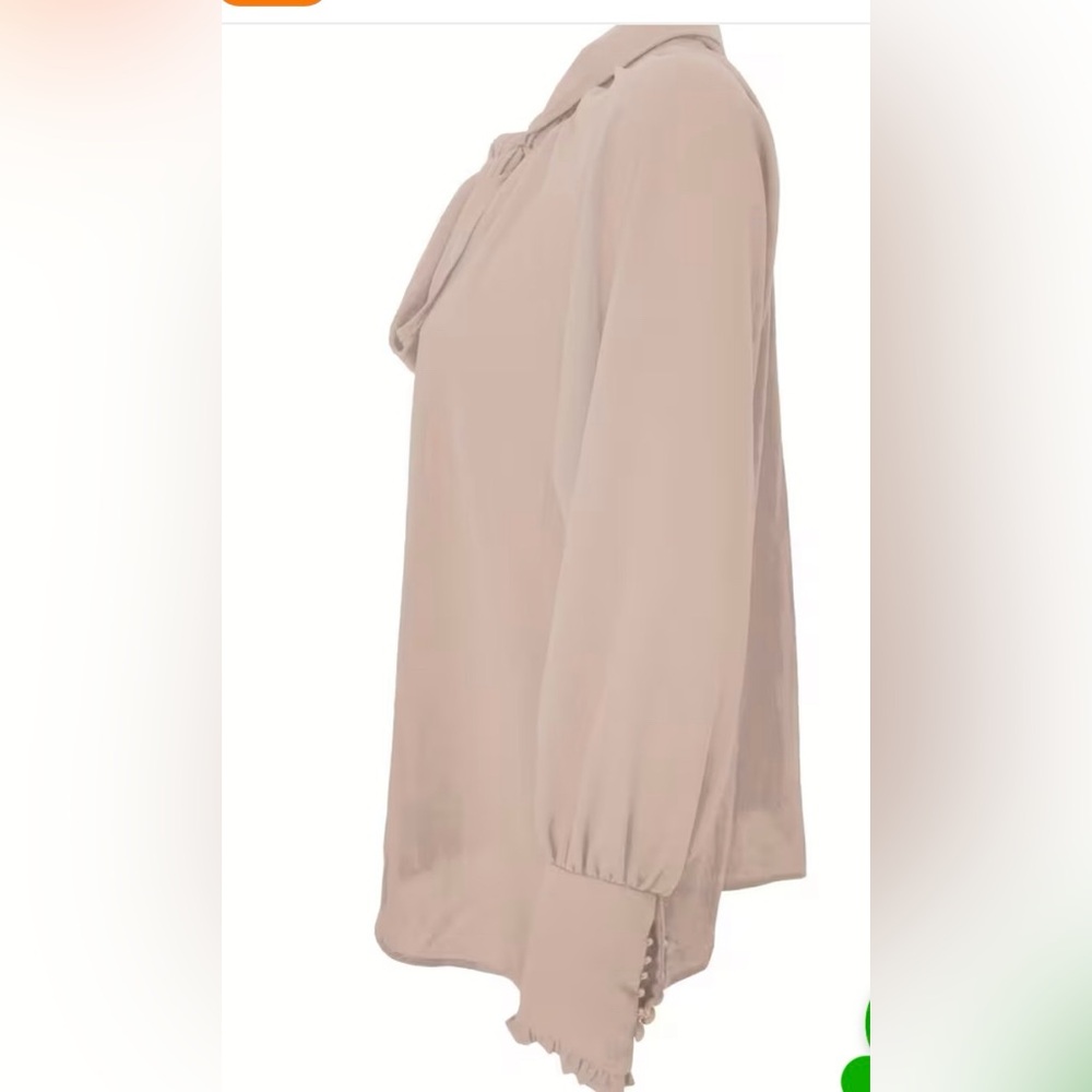 New Tan Long Sleeve Blouse with Tie Front and Mock Ruffle Collar - Picture 6 of 7